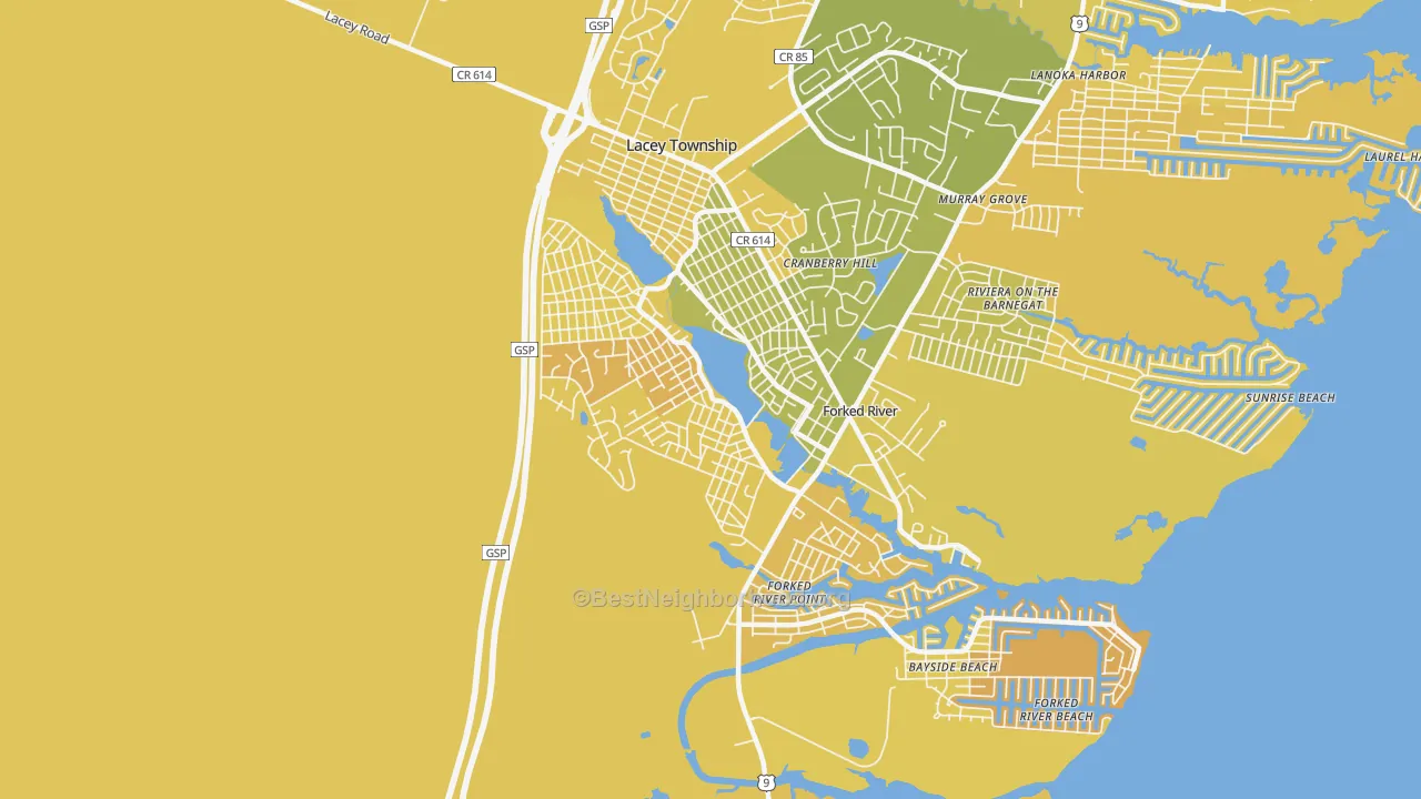 Map of the best neighborhoods in the Barnegat Pines, Forked River area, with better matches in green and worse matches in red
