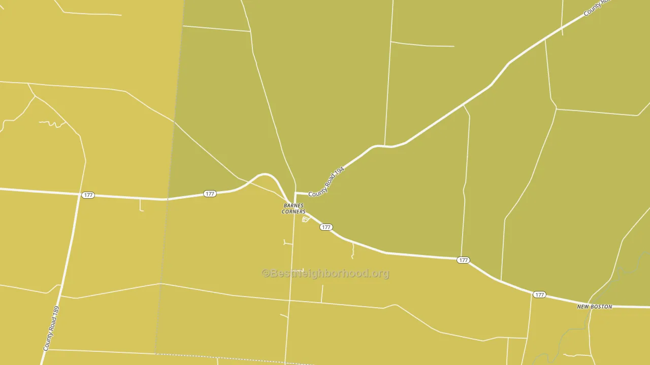 Map of the best neighborhoods in the Barnes Corners area, with better matches in green and worse matches in red