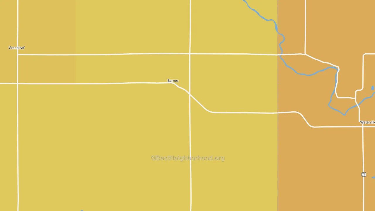 Map of the best neighborhoods in the Barnes area, with better matches in green and worse matches in red