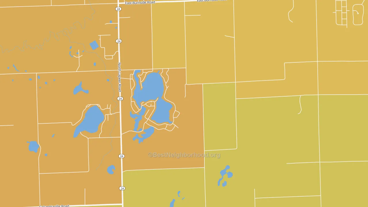 Map of the best neighborhoods in the Barnes Lake-Millers Lake area, with better matches in green and worse matches in red