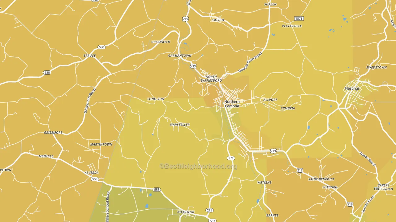 Map of the best neighborhoods in the Barnesboro area, with better matches in green and worse matches in red