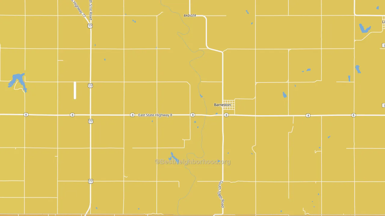 Map of the best neighborhoods in the Barneston area, with better matches in green and worse matches in red