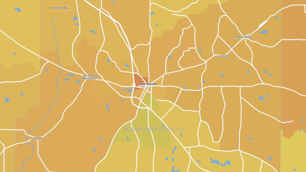 Map of the best neighborhoods in the Barnesville area, with better matches in green and worse matches in red