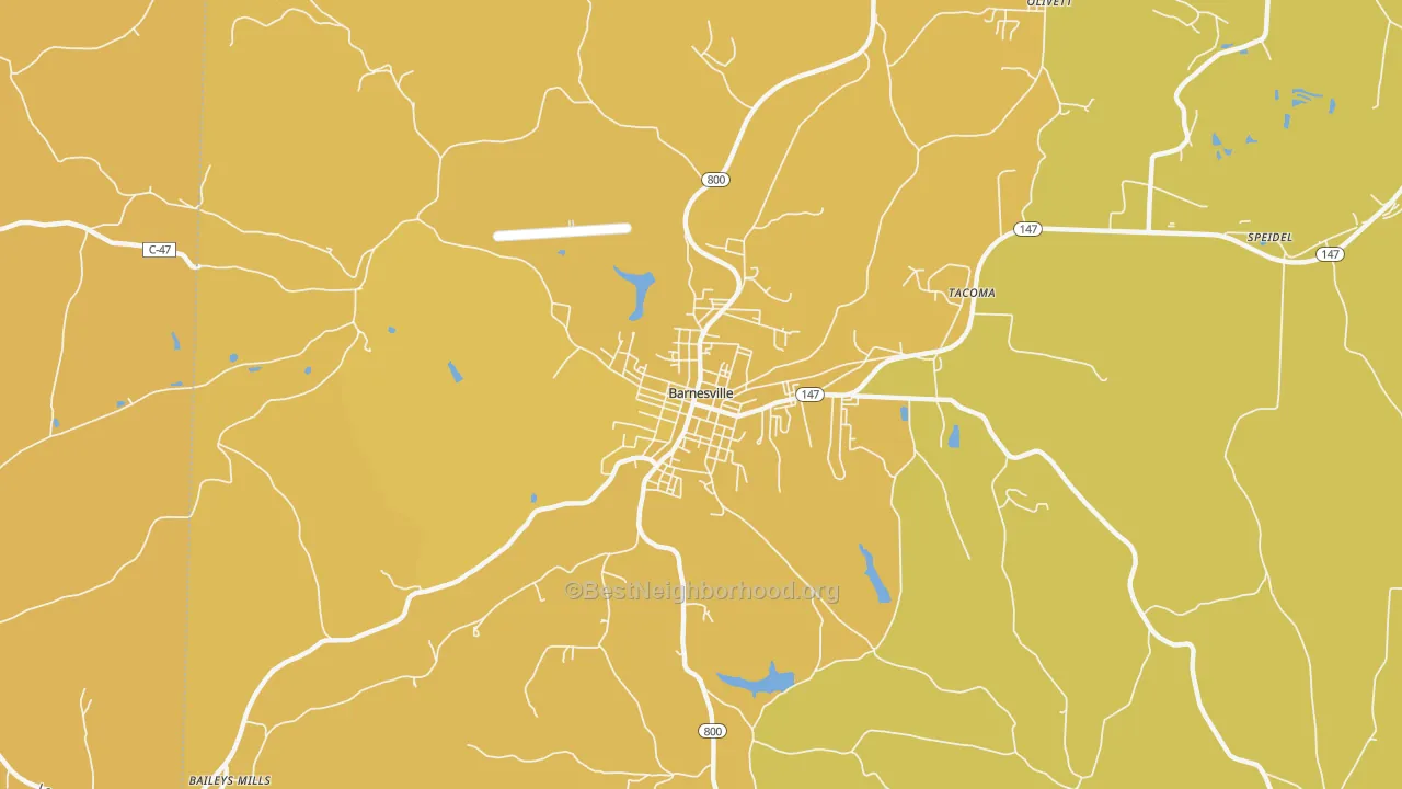 Map of the best neighborhoods in the Barnesville Historic District, Barnesville area, with better matches in green and worse matches in red