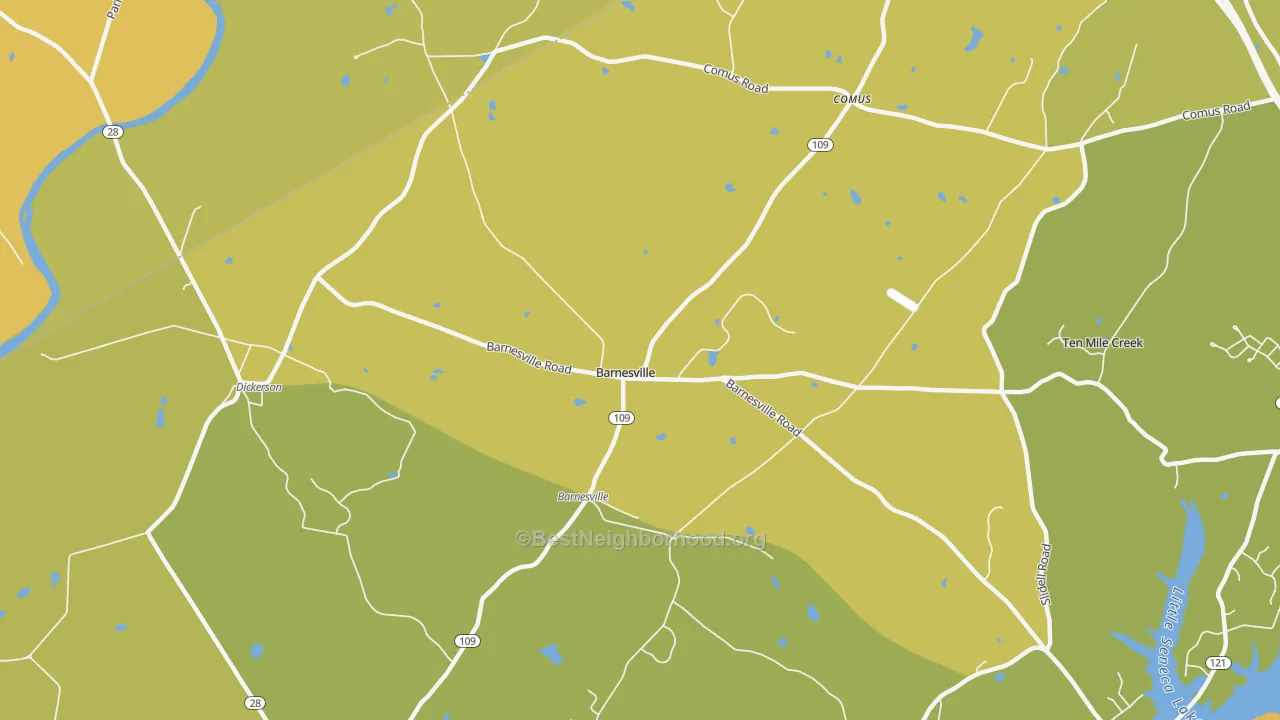 Map of the best neighborhoods in the Barnesville area, with better matches in green and worse matches in red