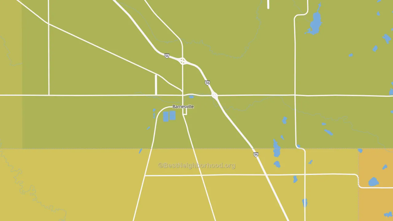 Map of the best neighborhoods in the Barnesville area, with better matches in green and worse matches in red