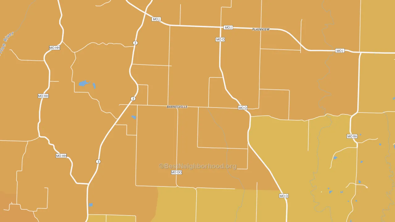 Map of the best neighborhoods in the Barnesville area, with better matches in green and worse matches in red