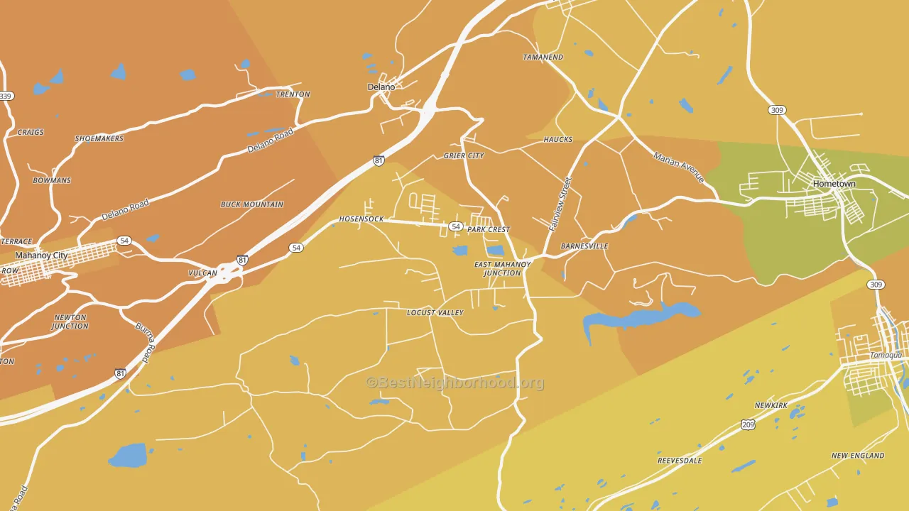 Map of the best neighborhoods in the Barnesville area, with better matches in green and worse matches in red