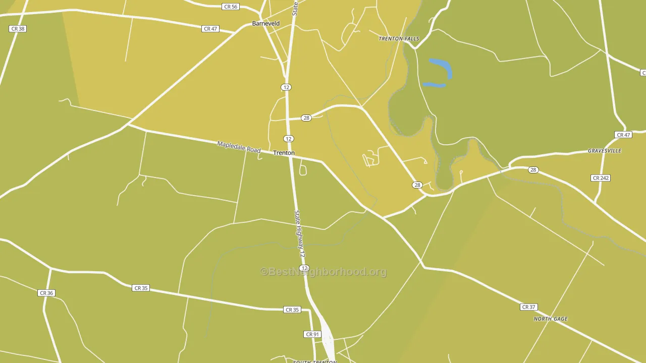 Map of the best neighborhoods in the Barneveld area, with better matches in green and worse matches in red