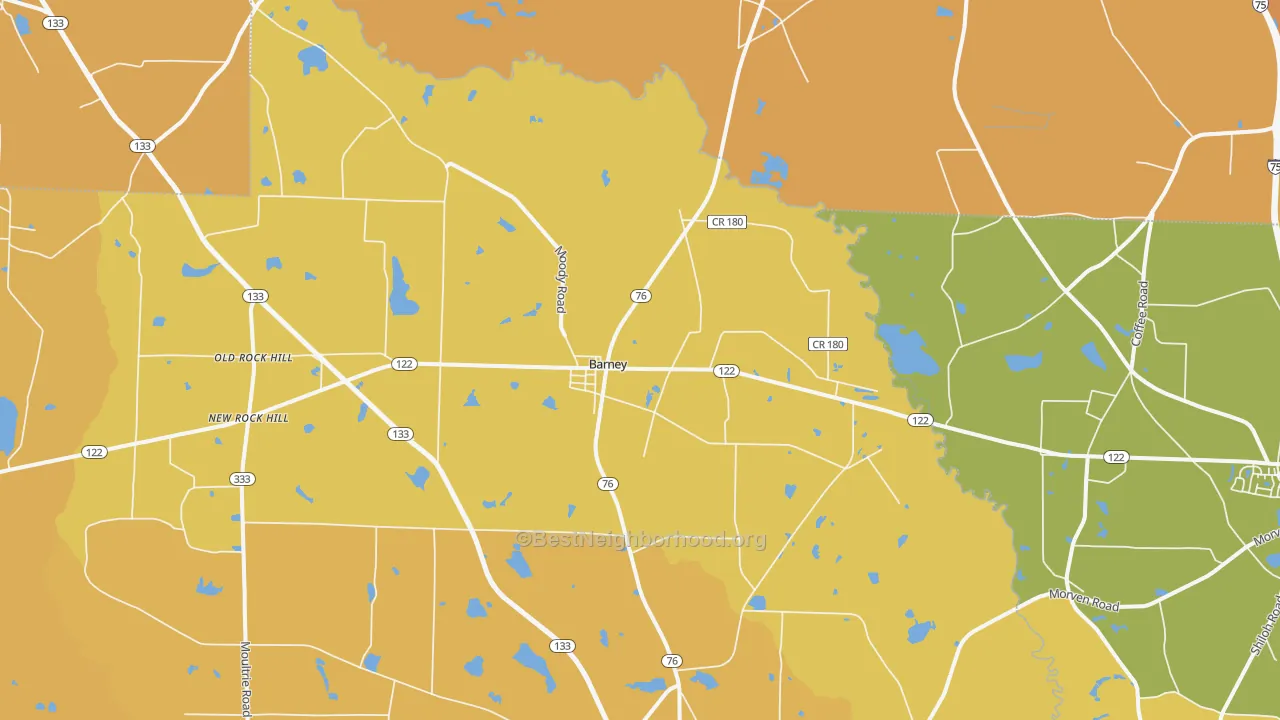 Map of the best neighborhoods in the Barney area, with better matches in green and worse matches in red