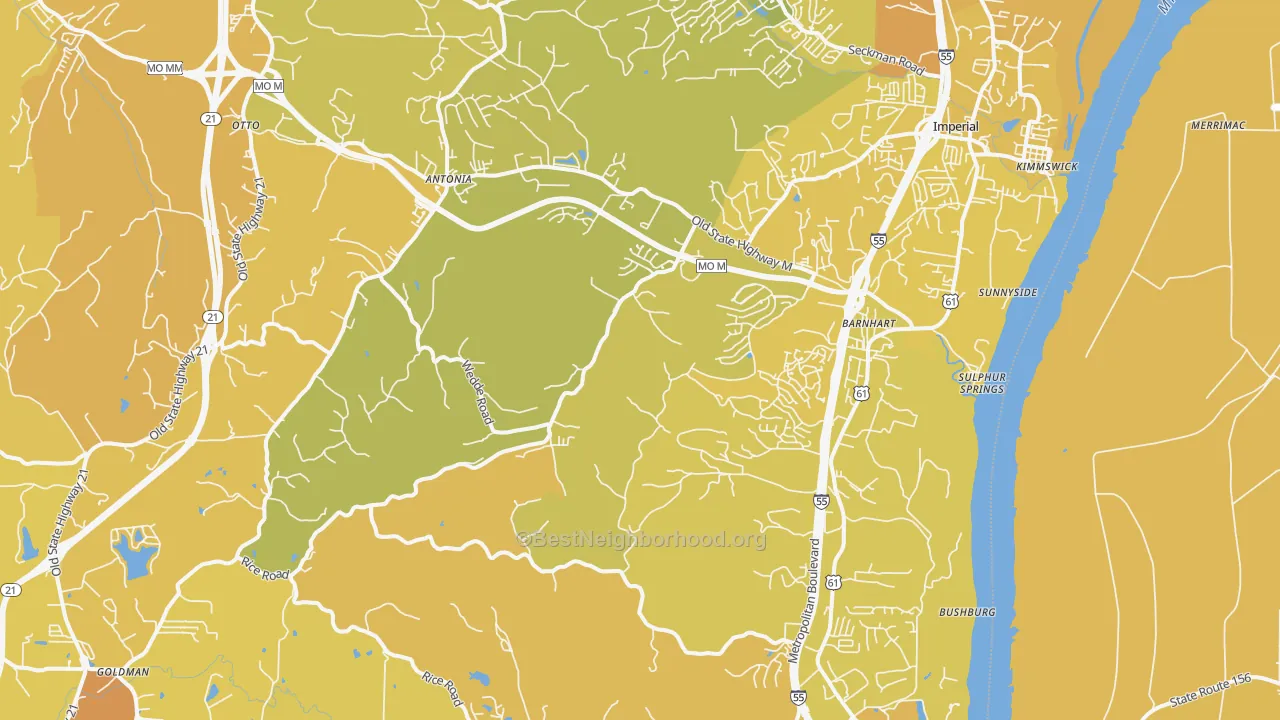 Map of the best neighborhoods in the Barnhart area, with better matches in green and worse matches in red