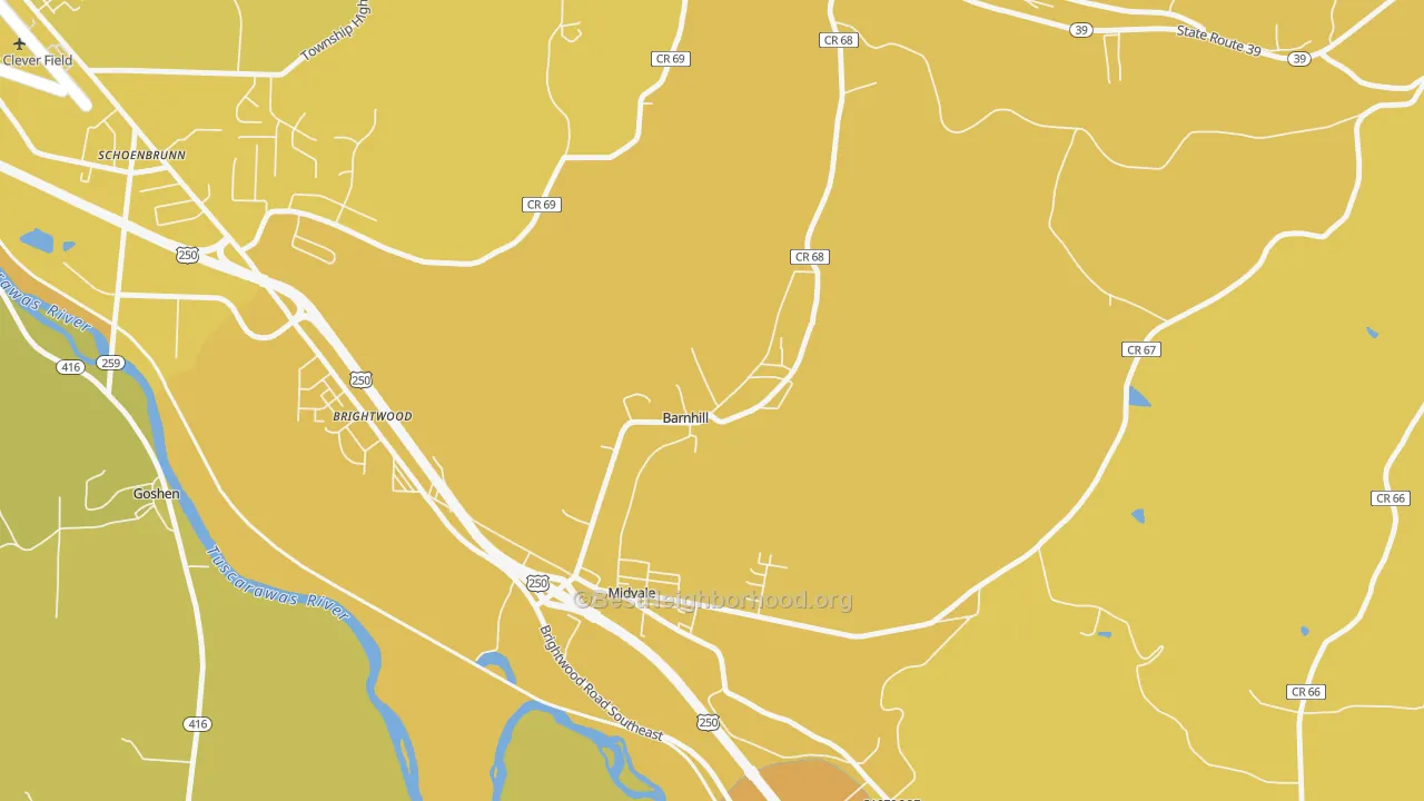 Map of the best neighborhoods in the Barnhill area, with better matches in green and worse matches in red