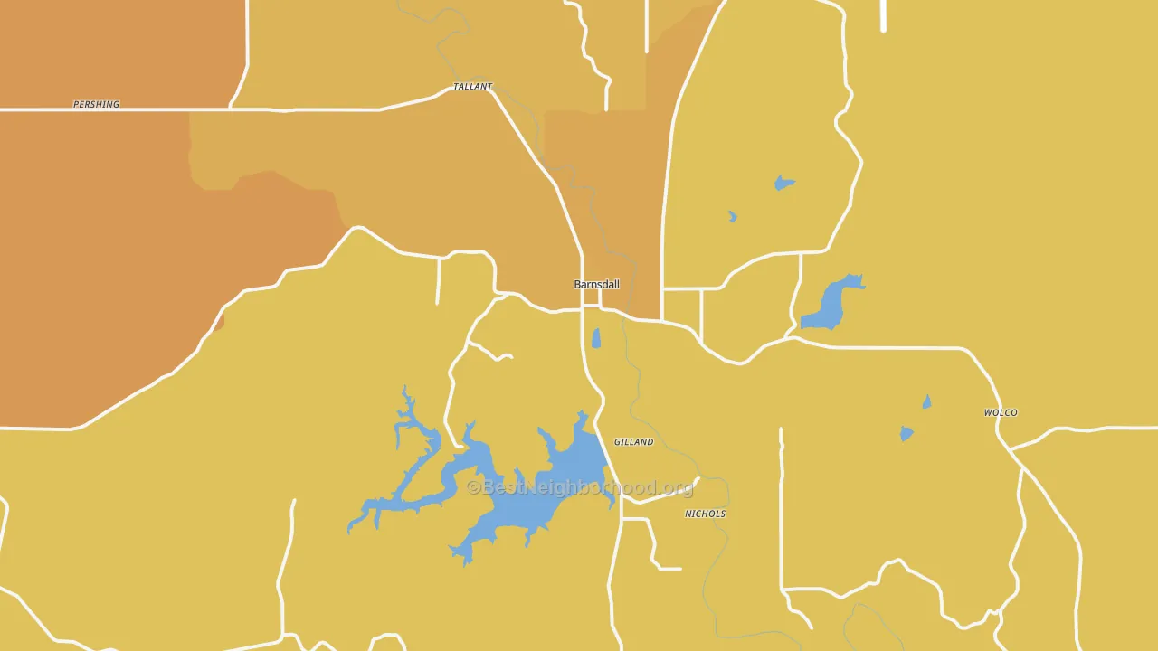 Map of the best neighborhoods in the Barnsdall area, with better matches in green and worse matches in red