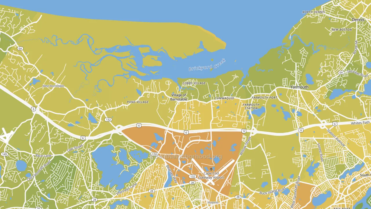 Map of the best neighborhoods in the Barnstable Metro area, with better matches in green and worse matches in red