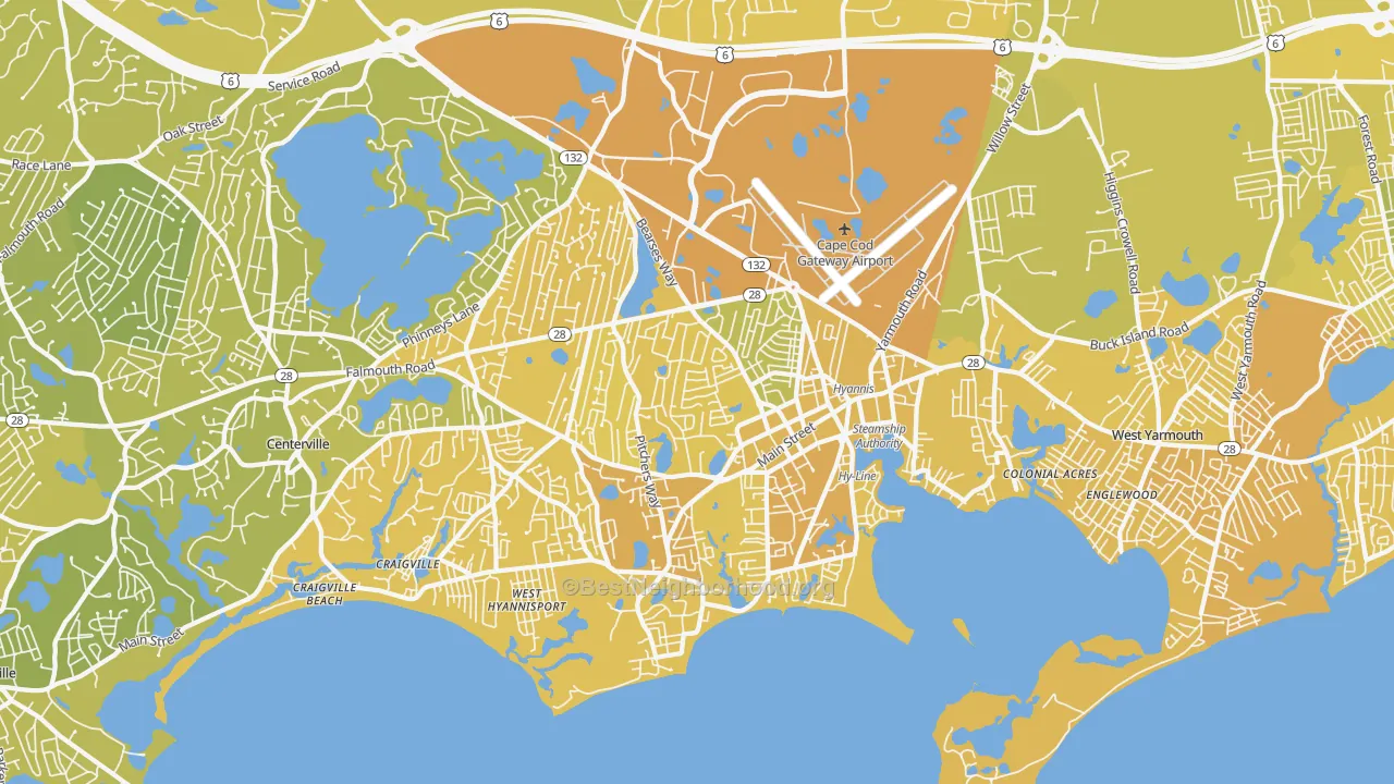 Map of the best neighborhoods in the Barnstable Town area, with better matches in green and worse matches in red