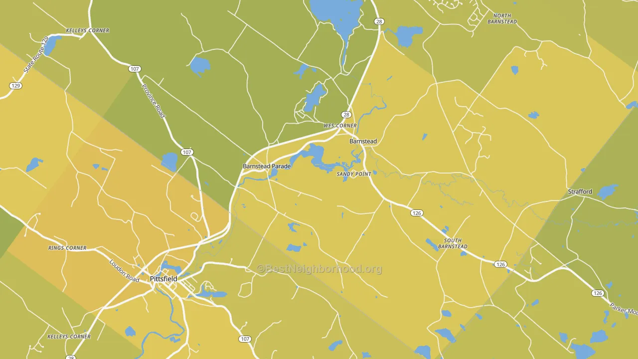 Map of the best neighborhoods in the Barnstead area, with better matches in green and worse matches in red