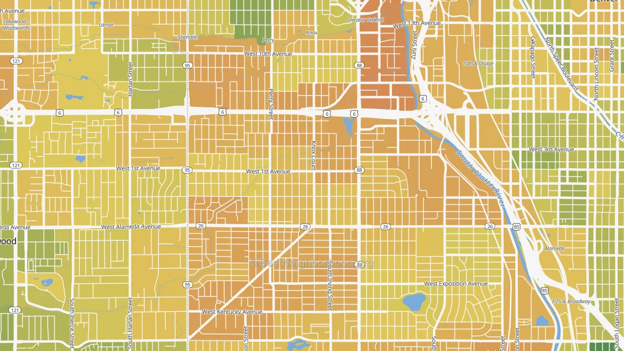 Map of the best neighborhoods in the Barnum, Denver area, with better matches in green and worse matches in red