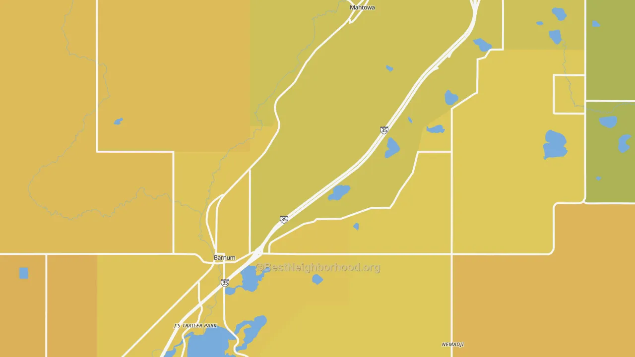 Map of the best neighborhoods in the Barnum area, with better matches in green and worse matches in red