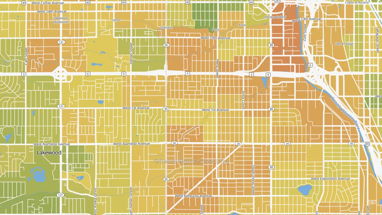 Map of the best neighborhoods in the Barnum West, Denver area, with better matches in green and worse matches in red