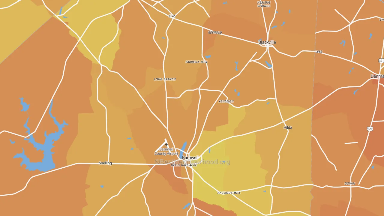 Map of the best neighborhoods in the Barnwell County area, with better matches in green and worse matches in red