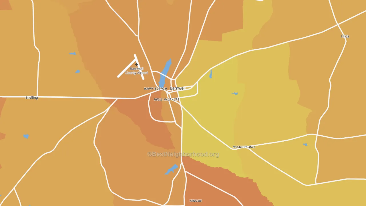 Map of the best neighborhoods in the Barnwell area, with better matches in green and worse matches in red
