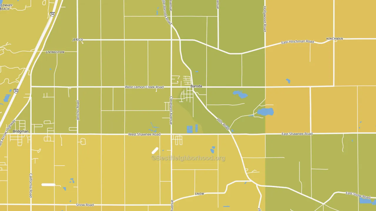 Map of the best neighborhoods in the Baroda area, with better matches in green and worse matches in red