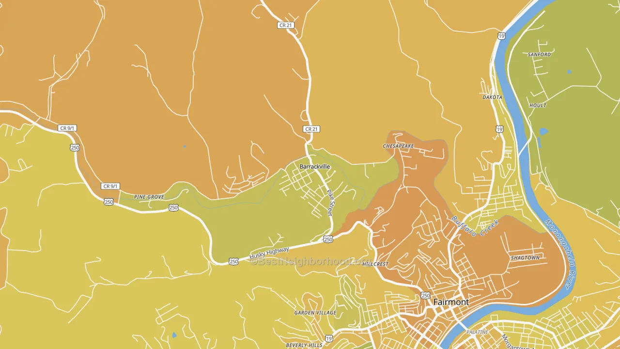 Map of the best neighborhoods in the Barrackville area, with better matches in green and worse matches in red