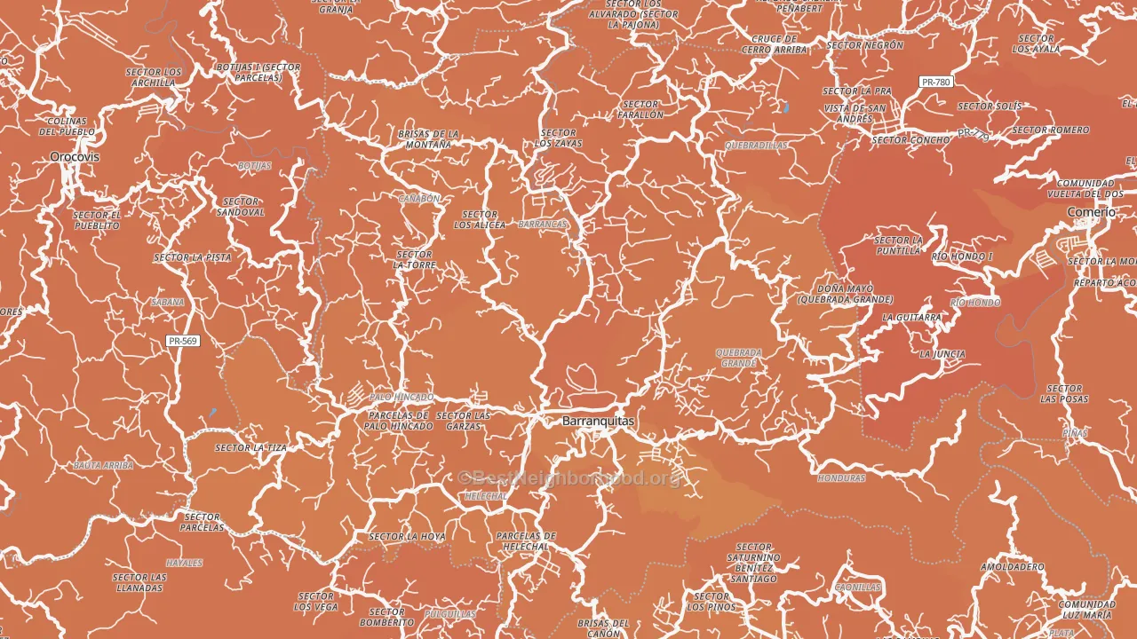 Map of the best neighborhoods in the Barranquitas Municipio area, with better matches in green and worse matches in red