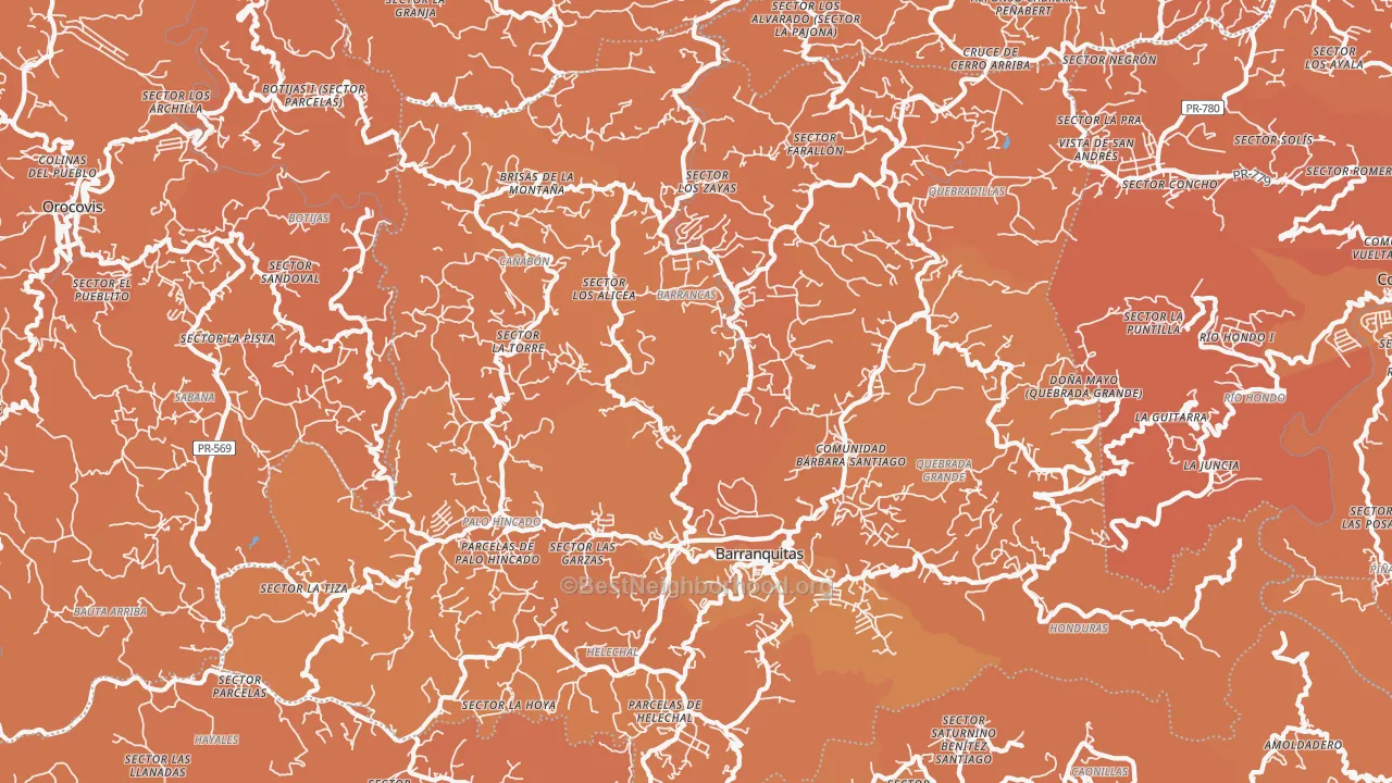 Map of the best neighborhoods in the Barranquitas area, with better matches in green and worse matches in red