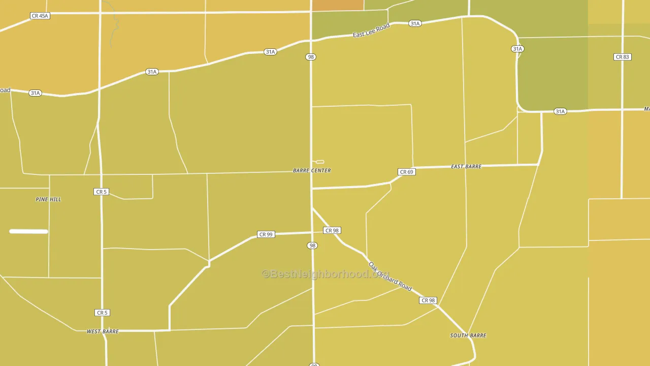 Map of the best neighborhoods in the Barre Center area, with better matches in green and worse matches in red