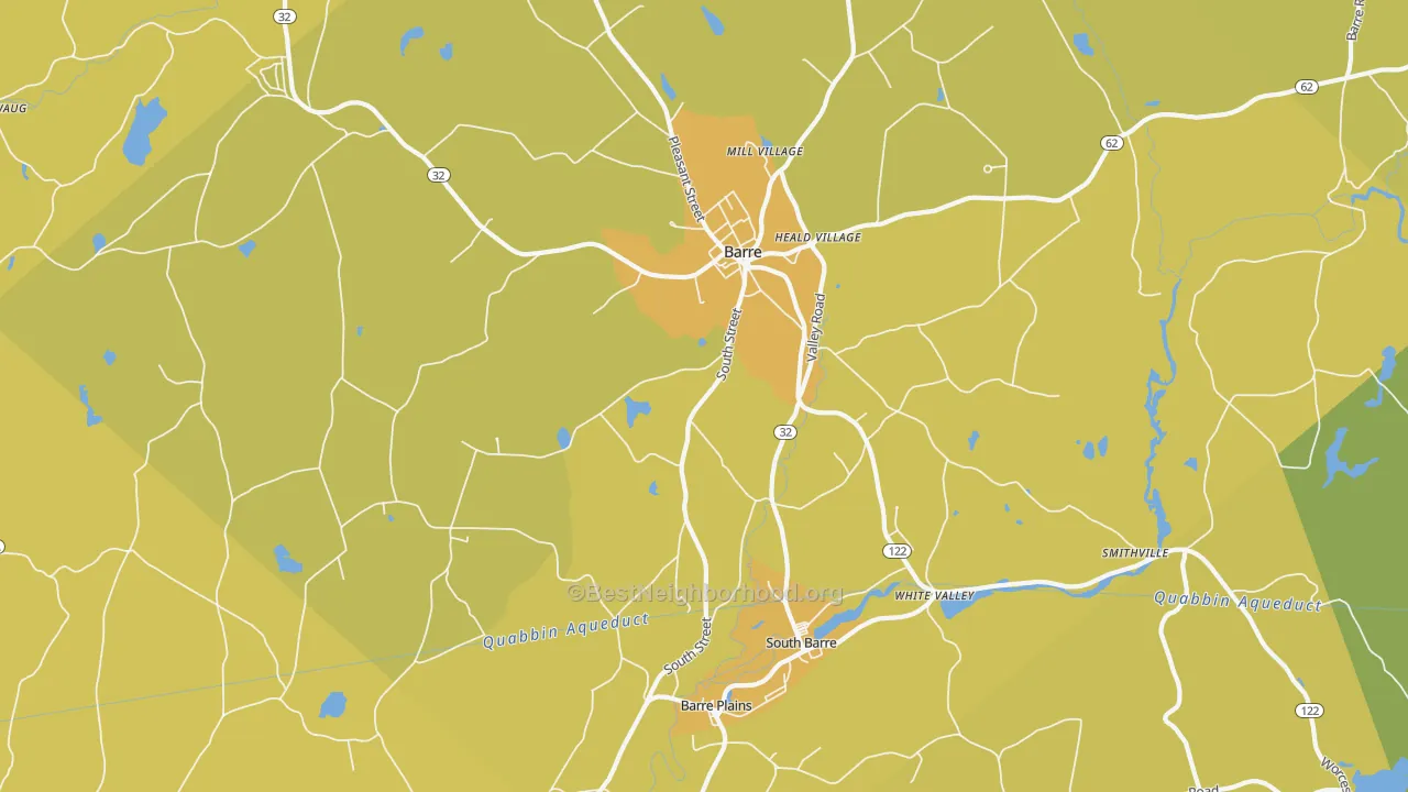Map of the best neighborhoods in the Barre area, with better matches in green and worse matches in red