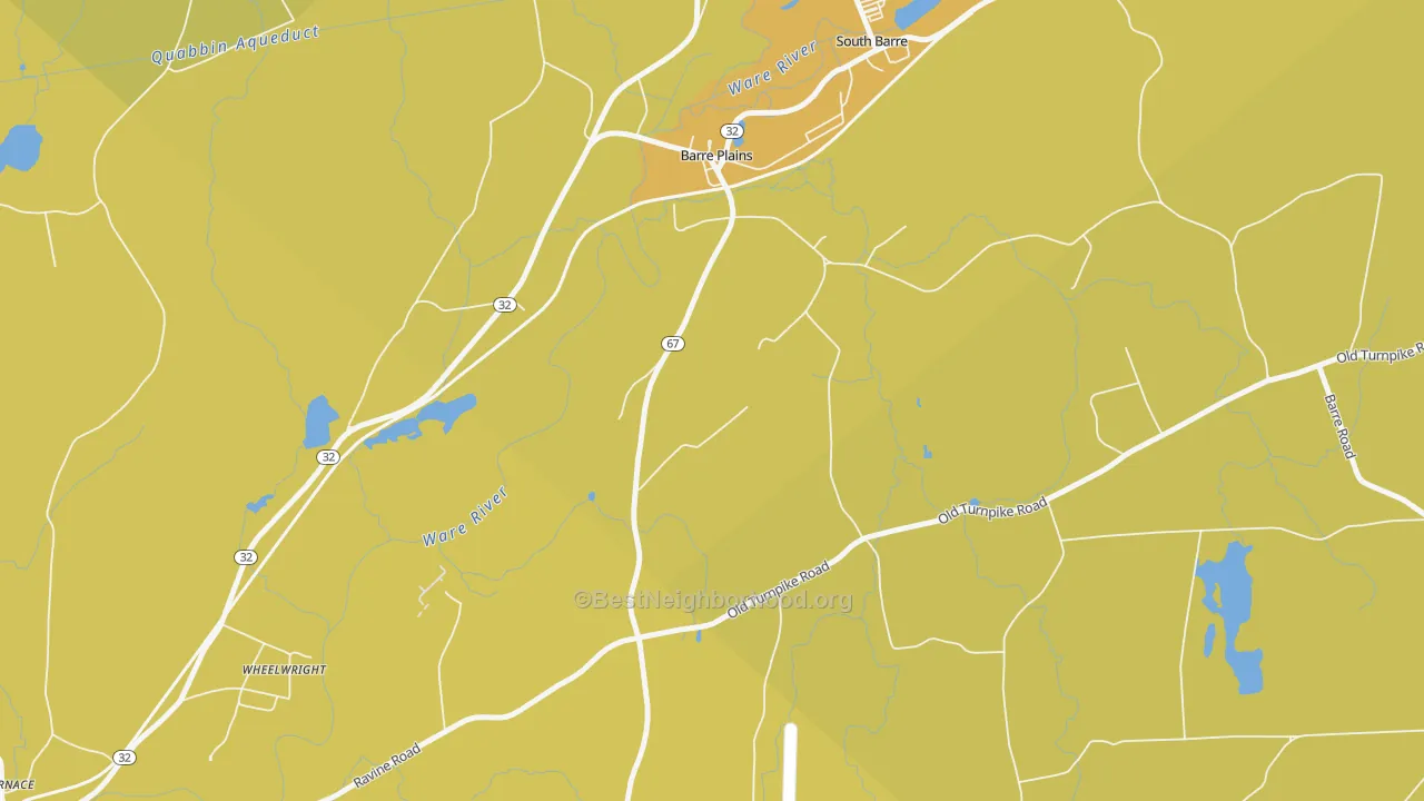 Map of the best neighborhoods in the Barre Plains area, with better matches in green and worse matches in red
