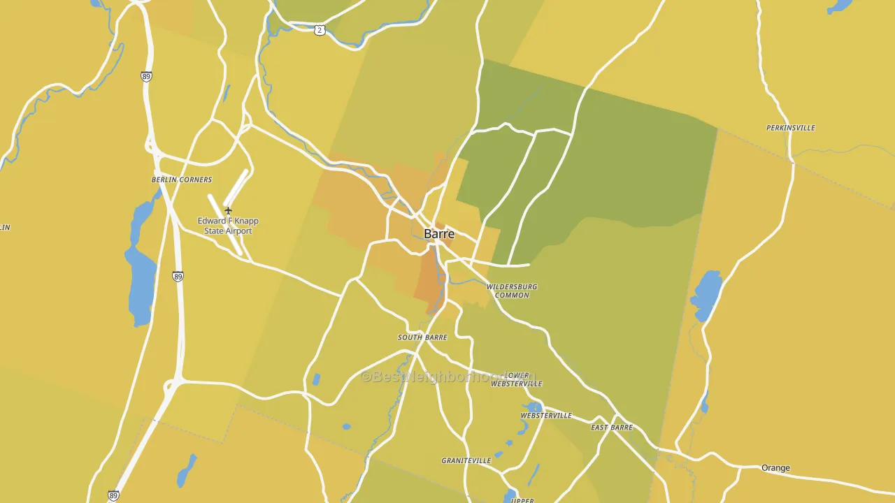 Map of the best neighborhoods in the Barre area, with better matches in green and worse matches in red