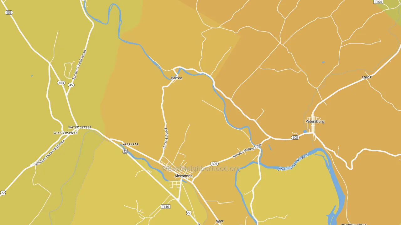Map of the best neighborhoods in the Barree area, with better matches in green and worse matches in red