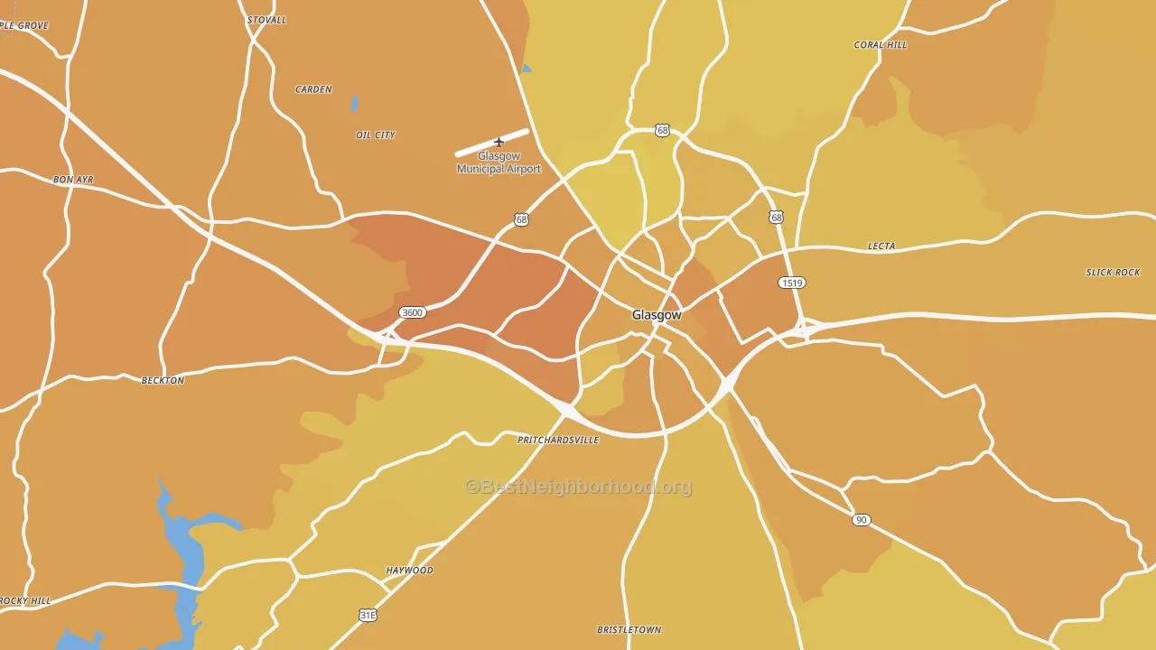 Map of the best neighborhoods in the Barren County area, with better matches in green and worse matches in red