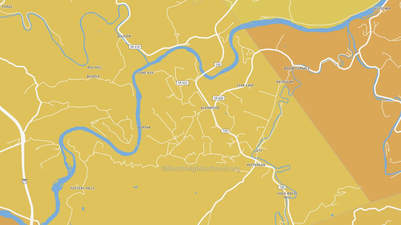 Map of the best neighborhoods in the Barren Springs area, with better matches in green and worse matches in red