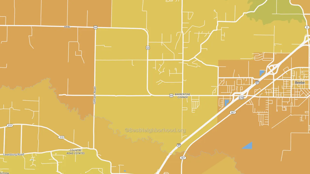 Map of the best neighborhoods in the Barrentine Corner area, with better matches in green and worse matches in red