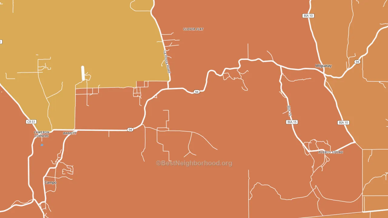 Map of the best neighborhoods in the Barrett area, with better matches in green and worse matches in red