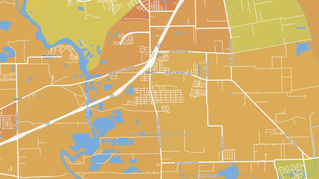 Map of the best neighborhoods in the Barrett area, with better matches in green and worse matches in red