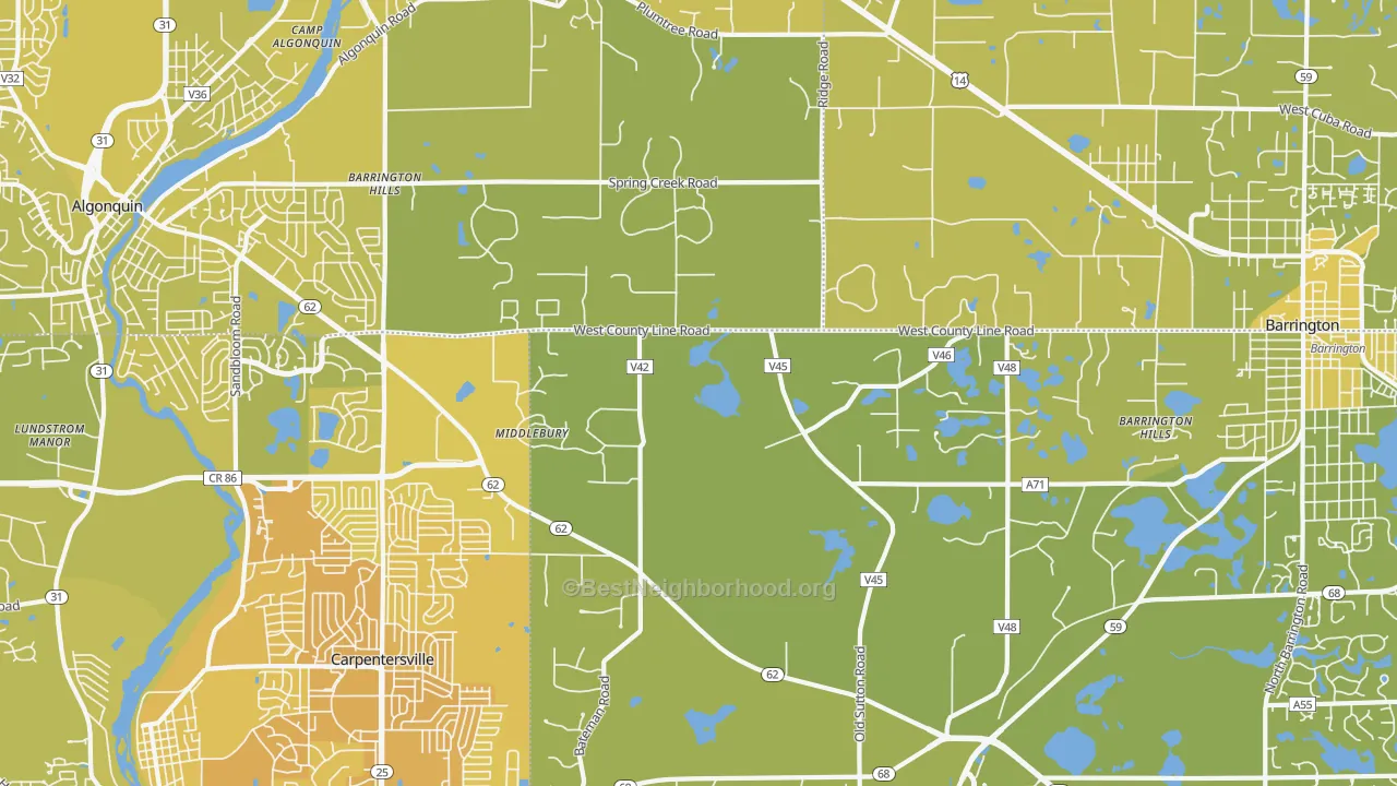 Map of the best neighborhoods in the Barrington Hills area, with better matches in green and worse matches in red