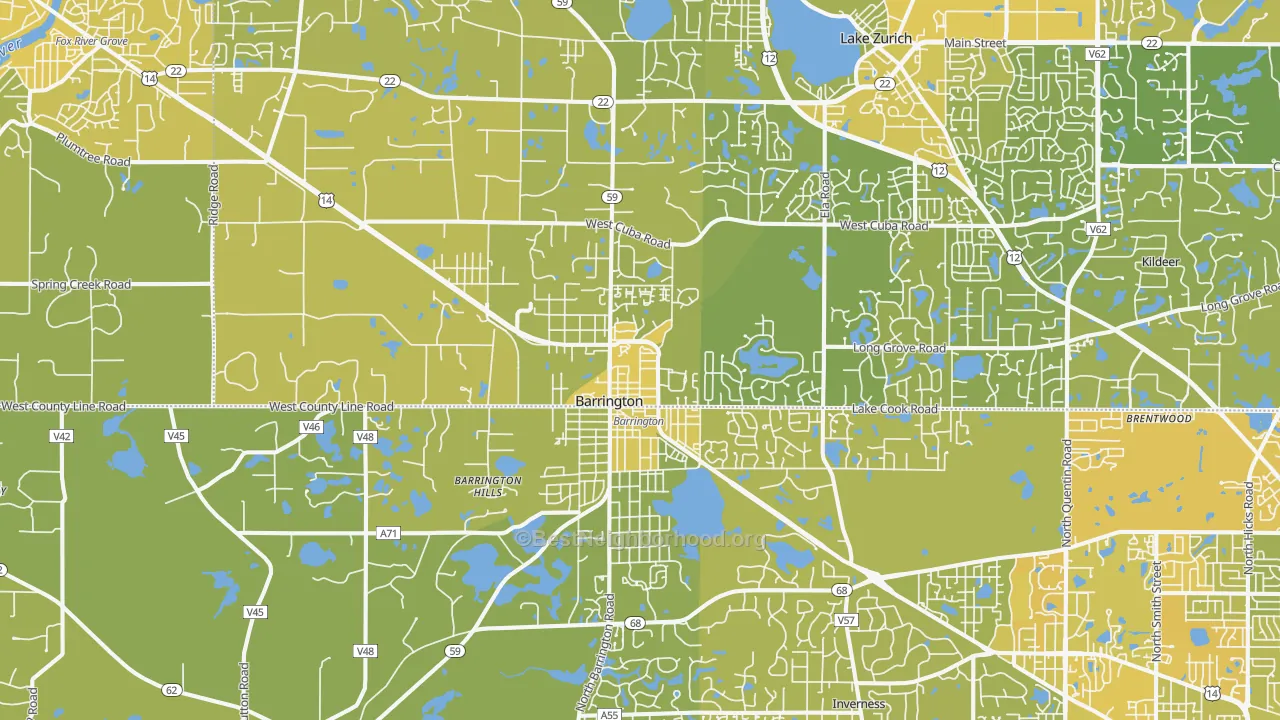 Map of the best neighborhoods in the Barrington area, with better matches in green and worse matches in red
