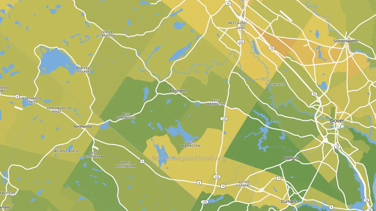 Map of the best neighborhoods in the Barrington area, with better matches in green and worse matches in red