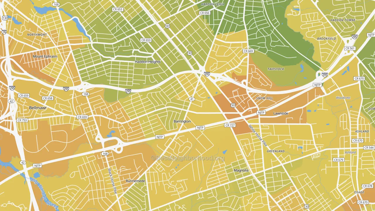 Map of the best neighborhoods in the Barrington area, with better matches in green and worse matches in red