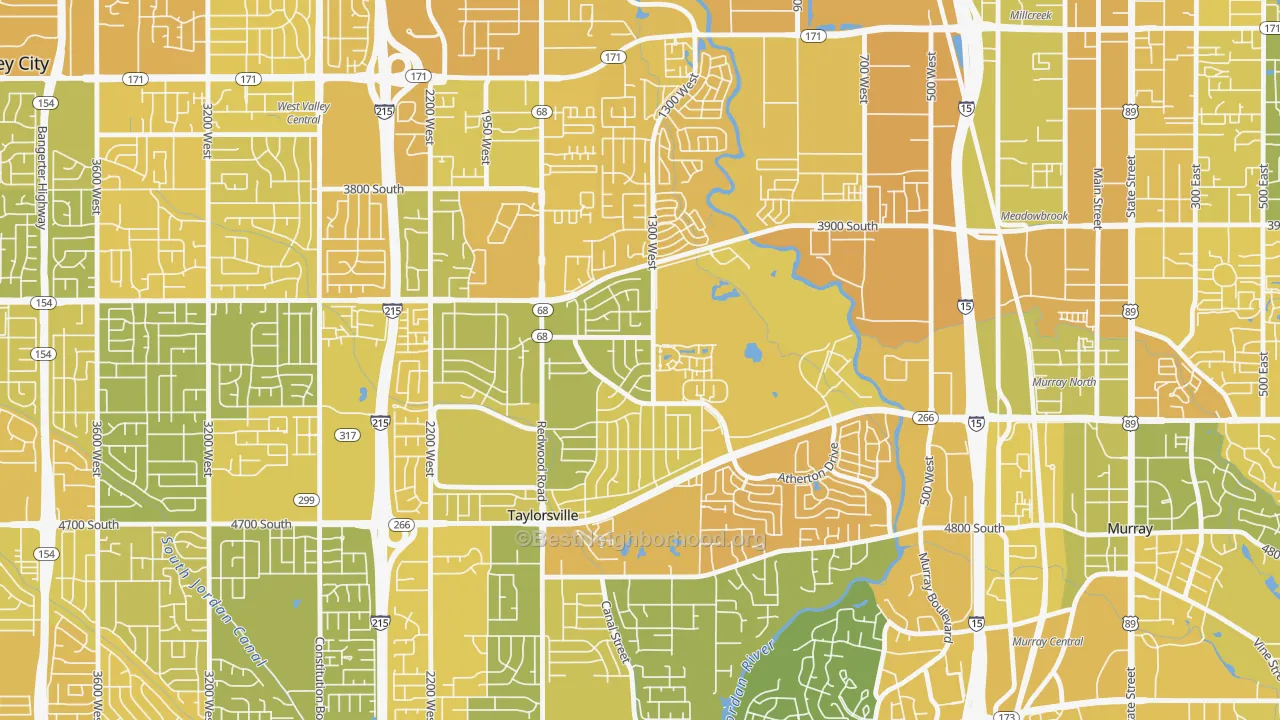 Map of the best neighborhoods in the Barrington Park, Taylorsville area, with better matches in green and worse matches in red