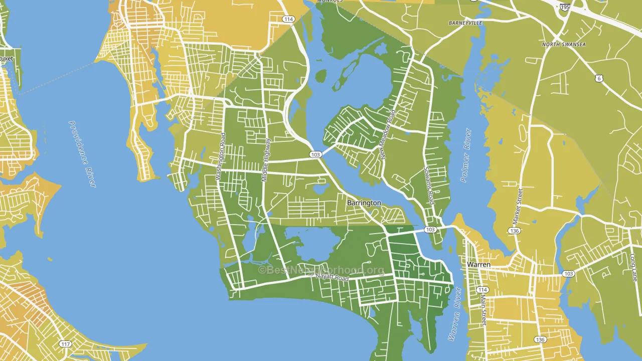 Map of the best neighborhoods in the Barrington area, with better matches in green and worse matches in red