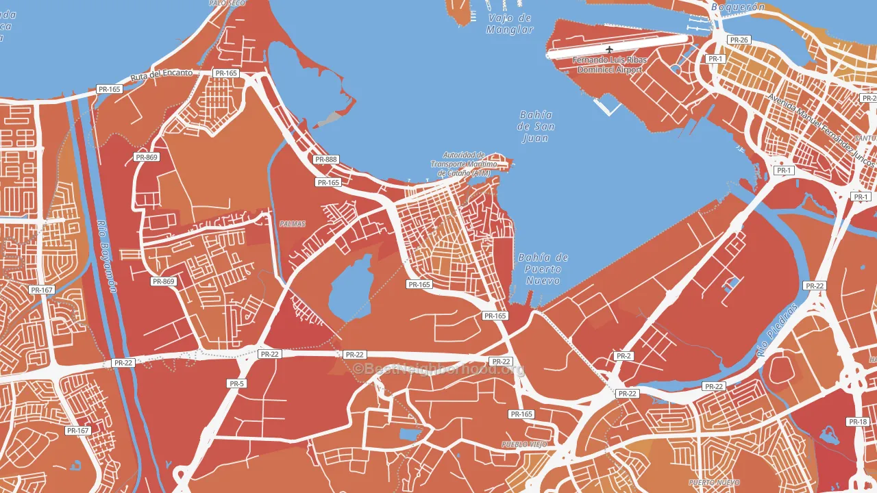 Map of the best neighborhoods in the Barrio Amelia, Guaynabo area, with better matches in green and worse matches in red
