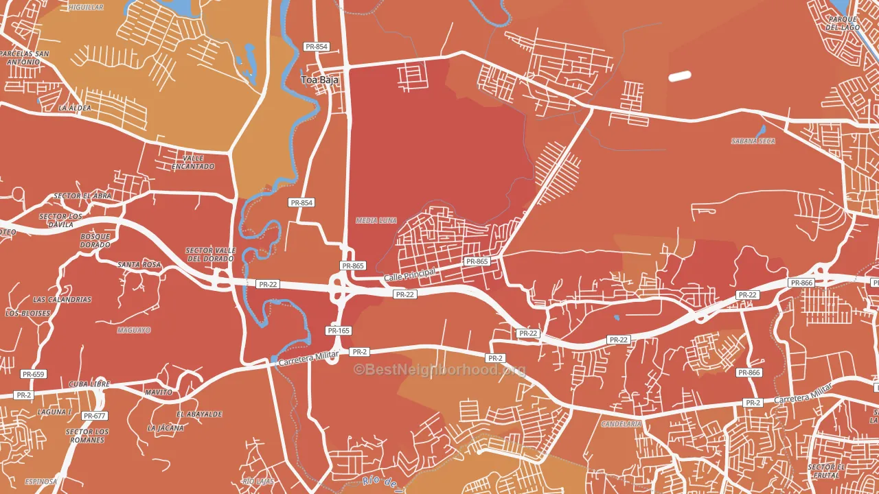 Map of the best neighborhoods in the Barrio Campanilla, Toa Baja area, with better matches in green and worse matches in red