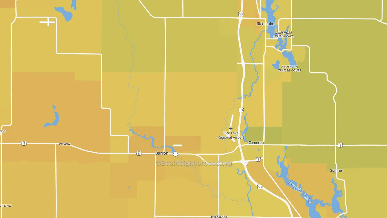 Map of the best neighborhoods in the Barron County area, with better matches in green and worse matches in red