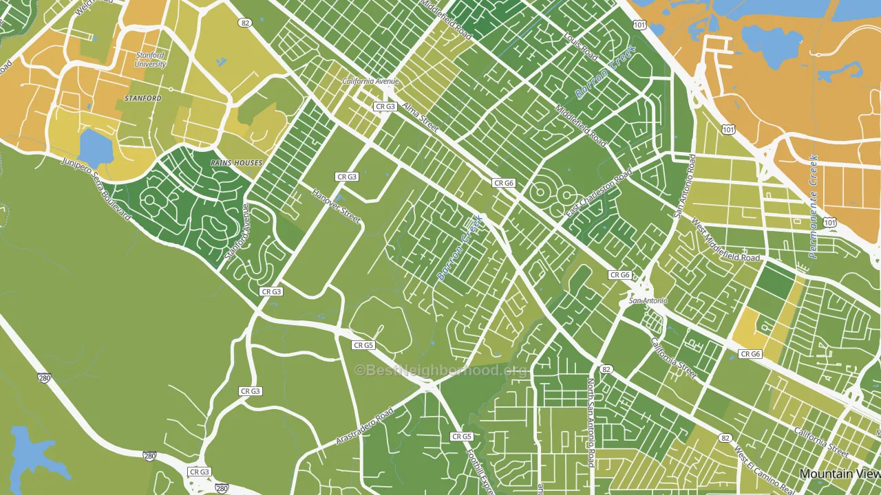 Map of the best neighborhoods in the Barron Park, Palo Alto area, with better matches in green and worse matches in red