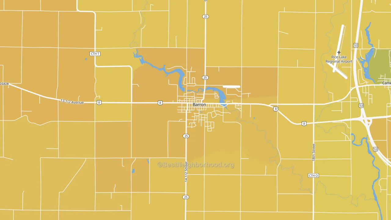 Map of the best neighborhoods in the Barron area, with better matches in green and worse matches in red